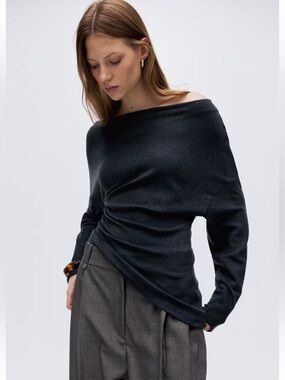H&M Asymmetric Jersey Off-Shoulder  Top In Dark Grey Size Small